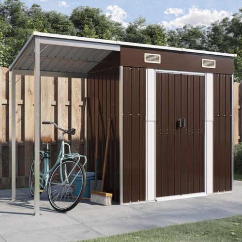 Garden Shed Outdoor Storage Tool Workshop Sheds with Extended Roof Steel Brown - Image 2