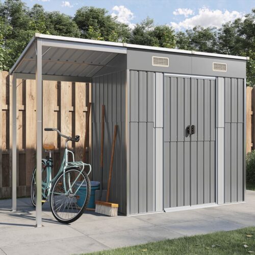 Garden Shed with Extended Roof Light Grey 277x110.5x181cm Steel - Image 2