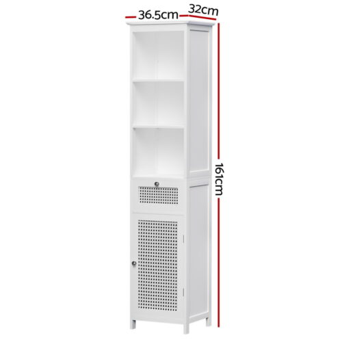 Artiss Bathroom Cabinet Storage 161cm White Rattan Tallboy Toilet Cupboard - Image 4