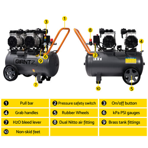 Giantz 50L Air Compressor 200L/min 3.0HP Oil-Free Quiet Electric Portable Air Inflator - Image 3