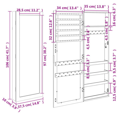 Mirror Jewellery Cabinet Wall Mounted White 37.5x10x106cm - Image 11