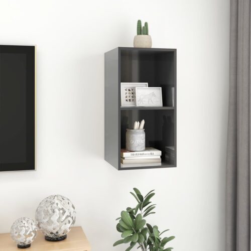 High Gloss Wall-Mounted Wooden Cabinet TV Storage Unit Shelf Rack Bookcase Grey - Image 6