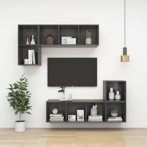 High Gloss Wall-Mounted Wooden Cabinet TV Storage Unit Shelf Rack Bookcase Grey - Image 8