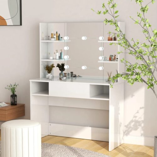 Dressing Table with LED Lights Hollywood Mirror Makeup Vanity Dresser Gloss White 100x40x135cm