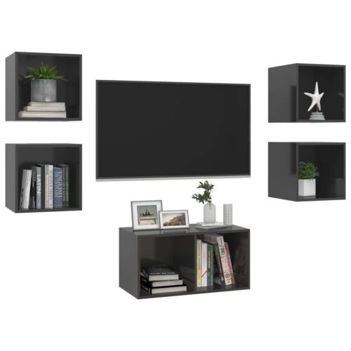 5pcs Set High Gloss Wooden Wall TV Cabinet Entertainment Unit Storage Shelves - Image 3