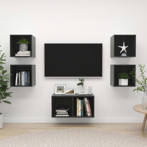 5pcs Set High Gloss Wooden Wall TV Cabinet Entertainment Unit Storage Shelves - Image 8