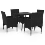 5-Piece Garden Dining Set Black Poly Rattan Wicker Outdoor Patio Furniture Glass