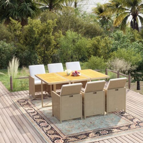 7-Piece Garden Dining Set with Cushions Poly Rattan Wicker Outdoor Patio Furniture Beige - Image 11