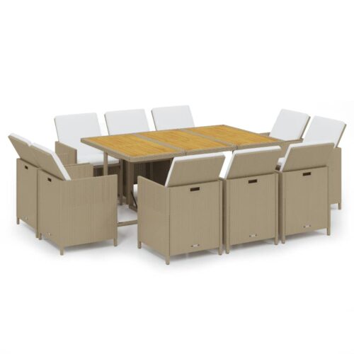 11-Piece Garden Dining Set with Cushions Poly Rattan Wicker Outdoor Patio Furniture Beige