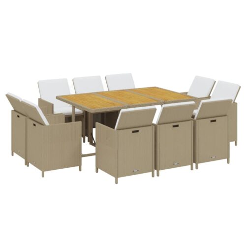 11-Piece Garden Dining Set with Cushions Poly Rattan Wicker Outdoor Patio Furniture Beige - Image 3