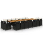 19-Piece Garden Dining Set with Cushions Black Poly Rattan Wicker Outdoor Patio Furniture