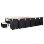 17-Piece Outdoor Dining Set with Cushions Poly Rattan Wicker Outdoor Patio Furniture Black