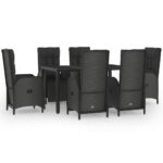 7-Piece Garden Dining Set with Cushions Black Grey Poly Rattan Wicker Outdoor Patio Furniture