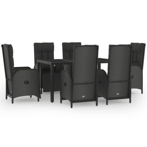 7-Piece Garden Dining Set with Cushions Black Grey Poly Rattan Wicker Outdoor Patio Furniture
