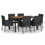 7-Piece Garden Dining Set with Cushions Black Poly Rattan Wicker Outdoor Patio Furniture