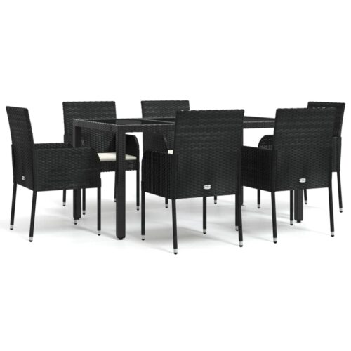 7-Piece Garden Dining Set with Cushions Black Poly Rattan Wicker Outdoor Patio Furniture