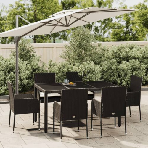 7-Piece Garden Dining Set with Cushions Black Poly Rattan Wicker Outdoor Patio Furniture - Image 2