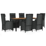 7-Piece Garden Dining Set with Cushions Black Poly Rattan Wicker Outdoor Patio Furniture