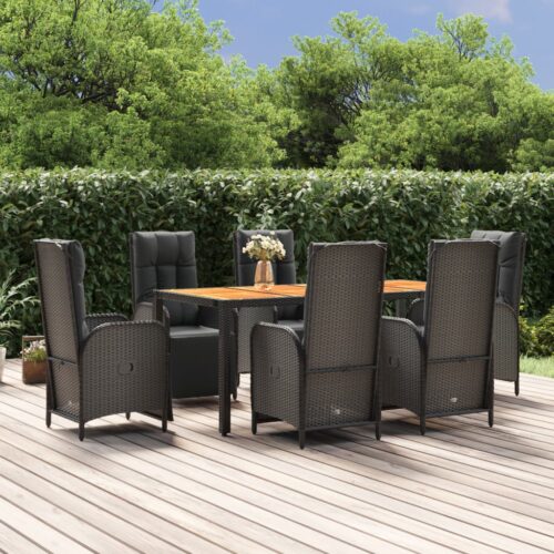 7-Piece Garden Dining Set with Cushions Black Poly Rattan Wicker Outdoor Patio Furniture - Image 2