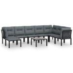 9-Piece Garden Lounge Set Black Grey Poly Rattan Wicker Outdoor Patio Furniture