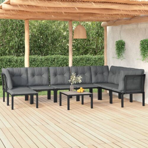 9-Piece Garden Lounge Set Black Grey Poly Rattan Wicker Outdoor Patio Furniture - Image 2
