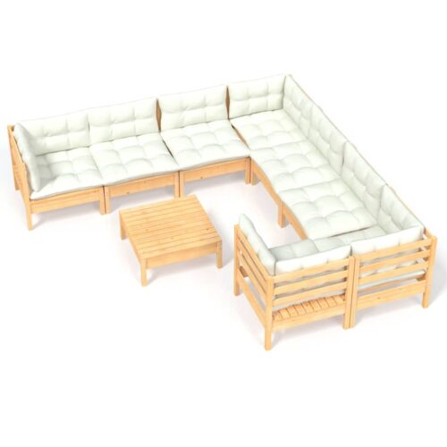 9-Piece Garden Lounge Set with Cream Cushions Pine Wood Outdoor Patio Furniture