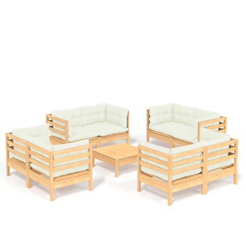 9-Piece Garden Lounge Set with Cream Cushions Pine Wood Outdoor Patio Furniture