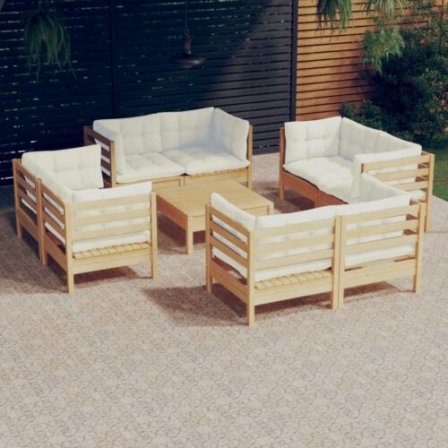 9-Piece Garden Lounge Set with Cream Cushions Pine Wood Outdoor Patio Furniture - Image 2
