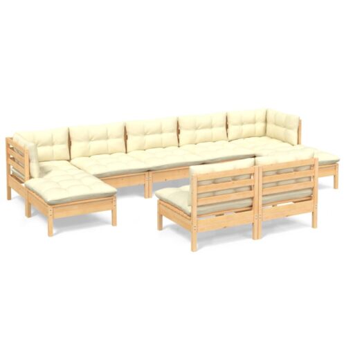9-Piece Garden Lounge Set with Cream Cushions Pine Wood Outdoor Patio Furniture