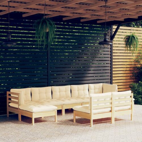 9-Piece Garden Lounge Set with Cream Cushions Pine Wood Outdoor Patio Furniture - Image 2