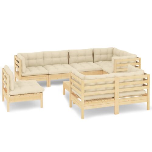 9-Piece Garden Lounge Set with Cream Cushions Pine Wood Outdoor Patio Furniture