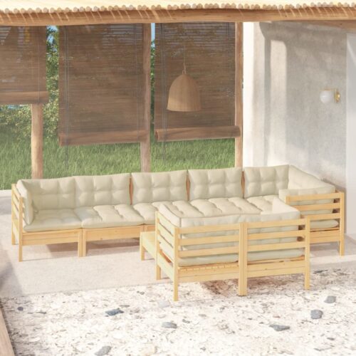 9-Piece Garden Lounge Set with Cream Cushions Pine Wood Outdoor Patio Furniture - Image 2