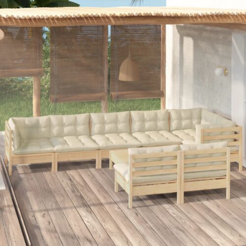 9-Piece Garden Lounge Set with Cream Cushions Pine Wood Outdoor Patio Furniture - Image 2