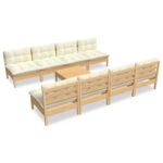 9-Piece Garden Lounge Set with Cream Cushions Pine Wood Outdoor Patio Furniture