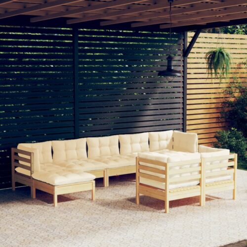 9-Piece Garden Lounge Set with Cream Cushions Pine Wood Outdoor Patio Furniture - Image 2
