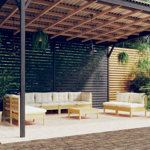 9-Piece Garden Lounge Set with Cream Cushions Pine Wood Outdoor Patio Furniture - Image 2