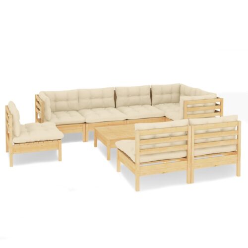 9-Piece Garden Lounge Set with Cream Cushions Pine Wood Outdoor Patio Furniture