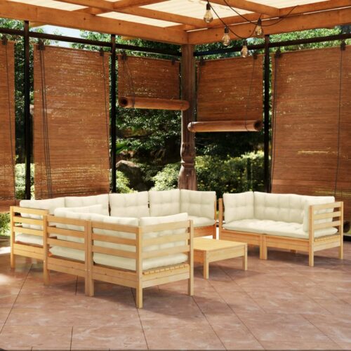 9-Piece Garden Lounge Set with Cream Cushions Pine Wood Outdoor Patio Furniture - Image 2