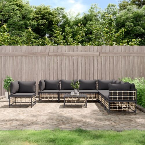 9-Piece Garden Lounge Set with Cushions Anthracite Poly Rattan - Image 2