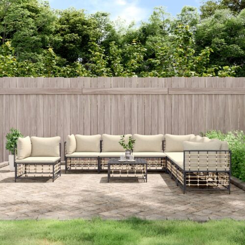 9-Piece Garden Lounge Set with Cushions Anthracite Poly Rattan - Image 2