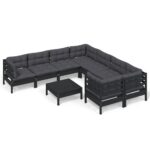 9-Piece Garden Lounge Set with Cushions Black Pine Wood Outdoor Patio Furniture