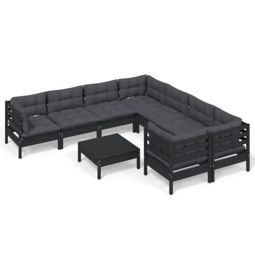 9-Piece Garden Lounge Set with Cushions Black Pine Wood Outdoor Patio Furniture
