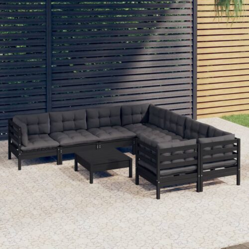 9-Piece Garden Lounge Set with Cushions Black Pine Wood Outdoor Patio Furniture - Image 2