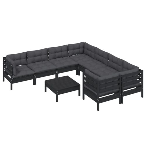 9-Piece Garden Lounge Set with Cushions Black Pine Wood Outdoor Patio Furniture - Image 3
