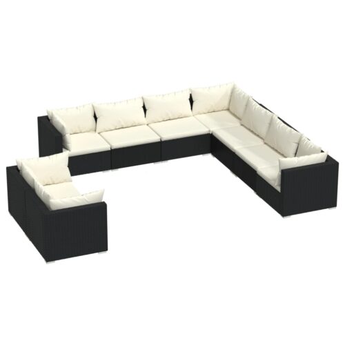 9-Piece Garden Lounge Set with Cushions Black Poly Rattan Wicker Outdoor Patio Furniture