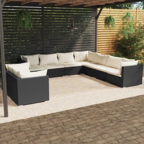 9-Piece Garden Lounge Set with Cushions Black Poly Rattan Wicker Outdoor Patio Furniture - Image 2