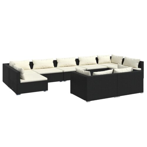 9-Piece Garden Lounge Set with Cushions Black Poly Rattan Wicker Outdoor Patio Furniture