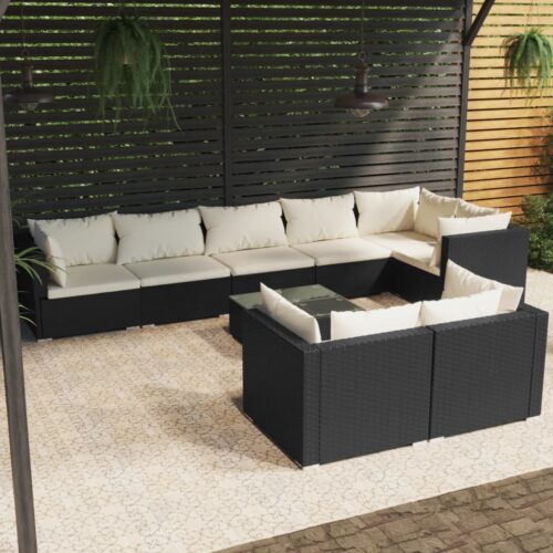 9-Piece Garden Lounge Set with Cushions Black Poly Rattan Wicker Outdoor Patio Furniture - Image 2