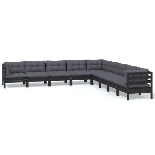 9-Piece Garden Lounge Set with Cushions Black Pine Wood Outdoor Patio Furniture