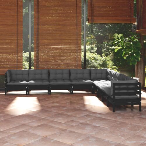 9-Piece Garden Lounge Set with Cushions Black Pine Wood Outdoor Patio Furniture - Image 2